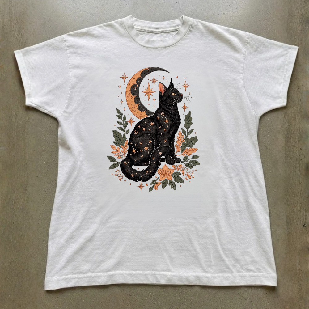 Celestial Black Cat Moon Stars Floral Botanical T-Shirt